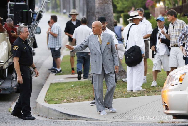 Exclusive... 51830177 Actors Jesse Eisenberg and Bruce Willis are spotted filming scenes in a classic car for an Untitled Woody Allen Project in Beverly Hills, California on August 21, 2015. This is the first time Allen has filmed a movie in Los Angeles since 1977's 'Annie Hall.' FameFlynet, Inc - Beverly Hills, CA, USA - +1 (818) 307-4813