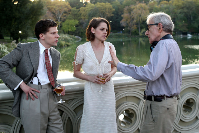 NEW YORK, NY - OCTOBER 21: Kristen Stewart, Jessie Eisenberg, Woody Allen film Woody Allen's latest movie in Central Park on October 21, 2015 in New York City. (Photo by Steve Sands/GC Images)