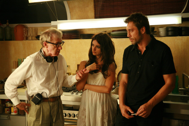 Woody Allen, Penelope Cruz and Javier Bardem on the set of Vicky Cristina Barcelona